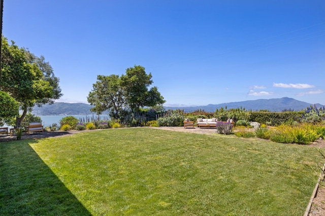 view of yard with a mountain view and outdoor lounge area