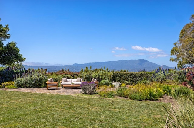 view of yard with a patio area, outdoor lounge area, and a mountain view