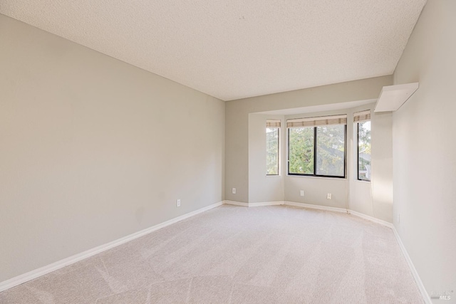 empty room featuring light colored carpet, a textured ceiling, and baseboards