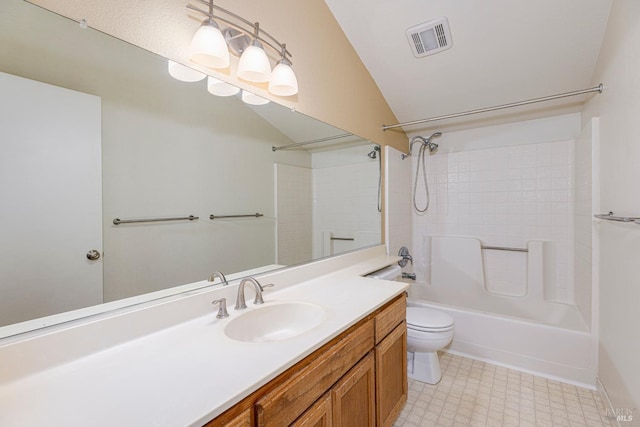 bathroom with visible vents, vanity, lofted ceiling, toilet, and  shower combination