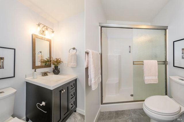 bathroom featuring vanity, marble finish floor, toilet, baseboards, and a shower stall