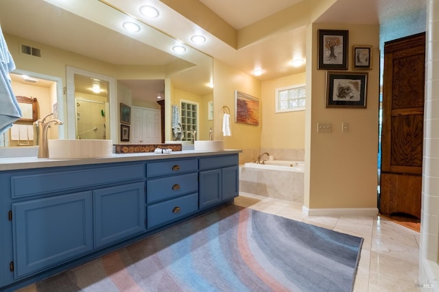 2066 Stonefield Ln, Santa Rosa, CA 95403 - bathroom with vanity, a bath, tile patterned floors, a shower with shower door, and baseboards