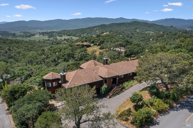 bird's eye view featuring a mountain view and a view of trees