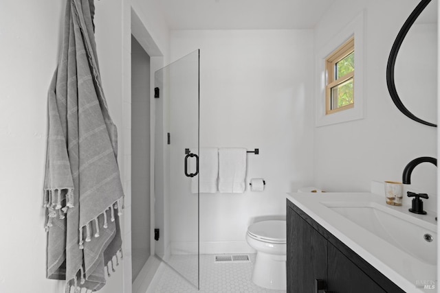 full bath with tile patterned flooring, vanity, toilet, visible vents, and a stall shower