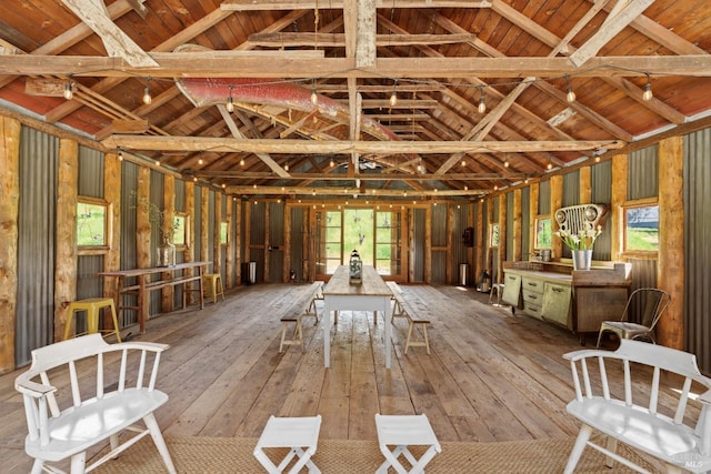 misc room with wood ceiling, lofted ceiling, and hardwood / wood-style floors
