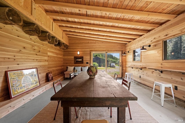 dining room with wood ceiling, vaulted ceiling with beams, and wood walls