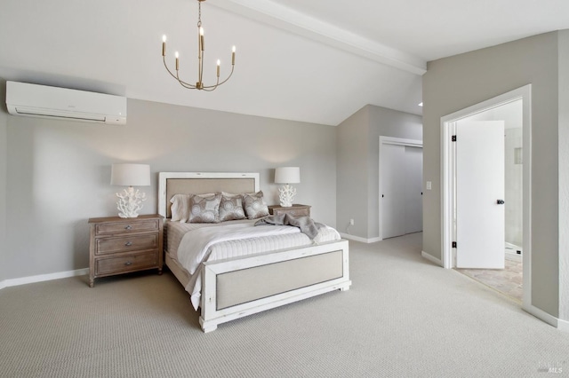 bedroom featuring light colored carpet, lofted ceiling with beams, an inviting chandelier, baseboards, and a wall mounted AC