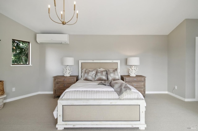 bedroom featuring carpet floors, baseboards, a wall mounted AC, and a notable chandelier