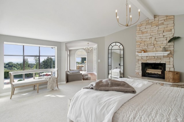 carpeted bedroom featuring a stone fireplace, arched walkways, baseboards, an inviting chandelier, and vaulted ceiling with beams
