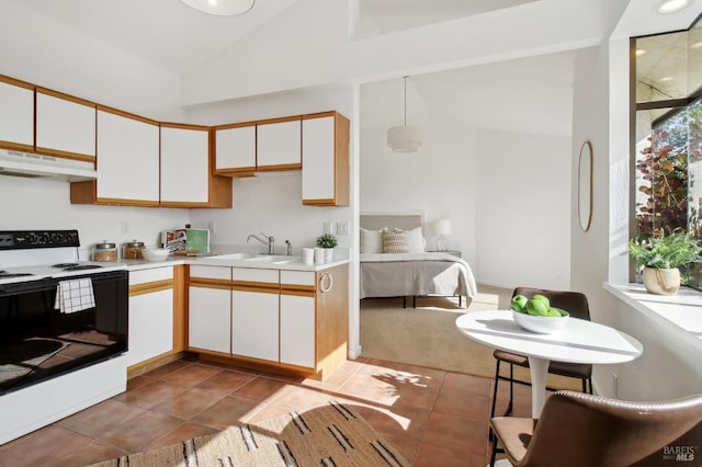 kitchen featuring range with electric stovetop, a sink, light countertops, under cabinet range hood, and white cabinetry