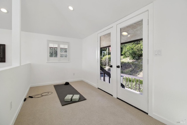 doorway to outside with baseboards, carpet, french doors, and recessed lighting