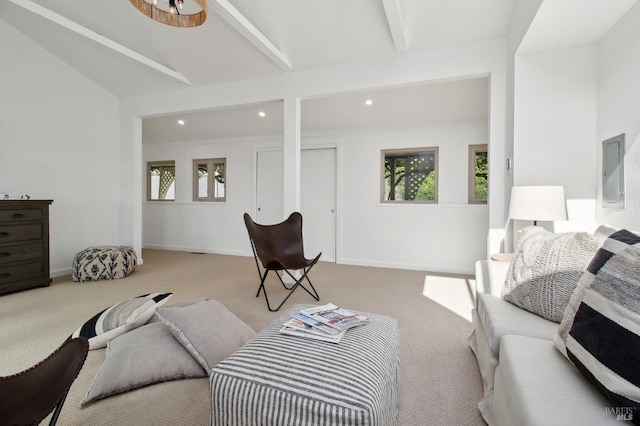 living room featuring recessed lighting, carpet flooring, lofted ceiling with beams, and a healthy amount of sunlight