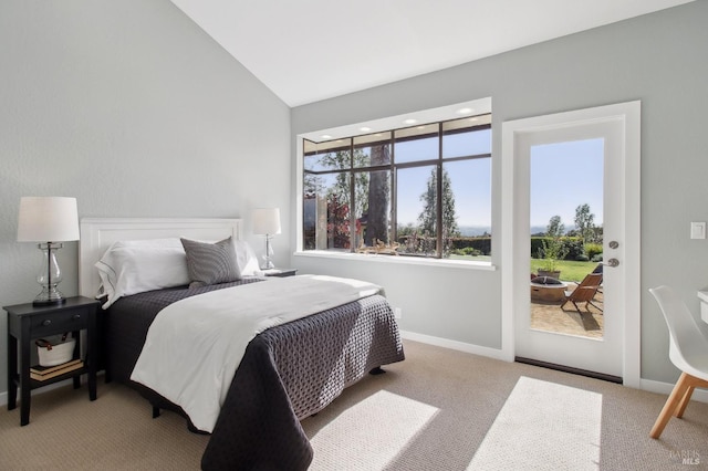 bedroom featuring carpet flooring, baseboards, vaulted ceiling, and access to exterior
