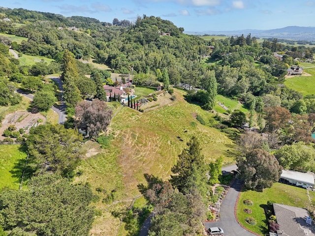 aerial view featuring a wooded view