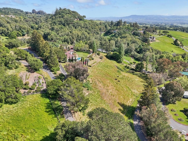 drone / aerial view with a wooded view