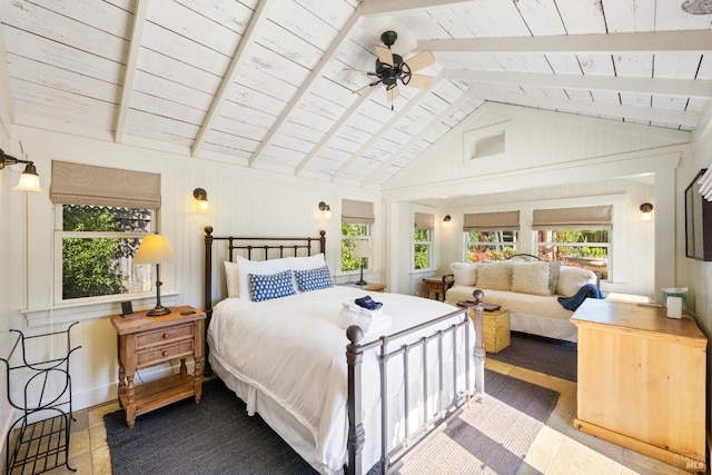 bedroom with wooden ceiling and vaulted ceiling with beams