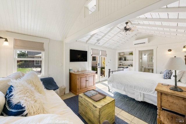 tiled bedroom featuring lofted ceiling with beams, a wall unit AC, french doors, and access to exterior