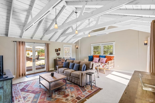 carpeted living room featuring a healthy amount of sunlight, baseboards, lofted ceiling with beams, and french doors