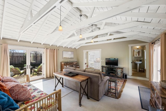 living area featuring wood ceiling, vaulted ceiling with beams, french doors, and light colored carpet