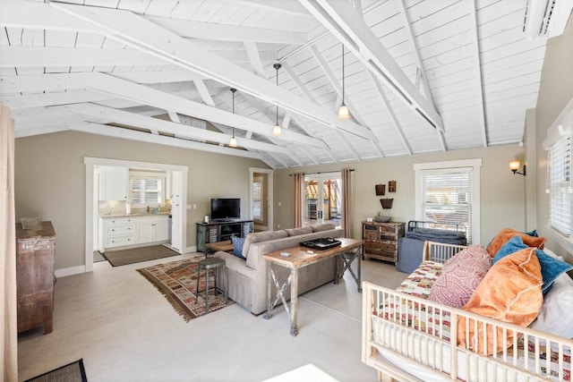 living room featuring wooden ceiling, baseboards, lofted ceiling with beams, and light carpet