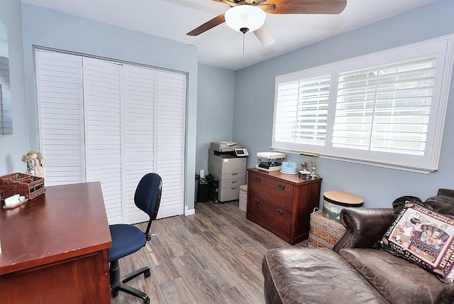 office area featuring ceiling fan and wood finished floors