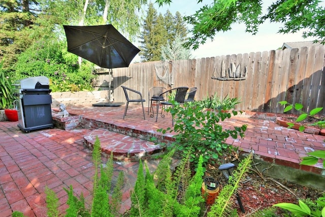 view of patio / terrace with a fenced backyard and a grill
