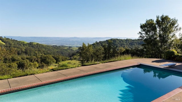 pool with a diving board and a view of trees