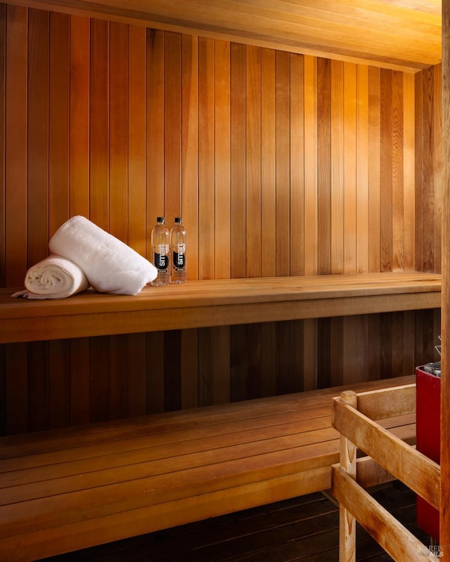 view of sauna with wood finished floors