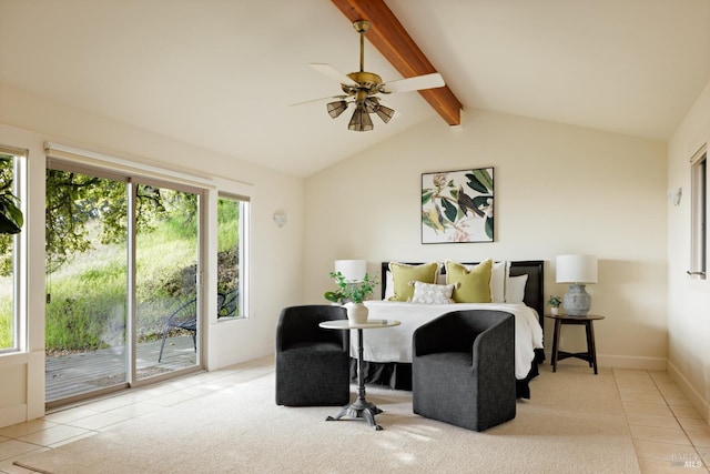 bedroom featuring vaulted ceiling with beams, a ceiling fan, tile patterned flooring, and access to exterior