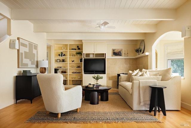 living area featuring wood ceiling, ceiling fan, and wood finished floors
