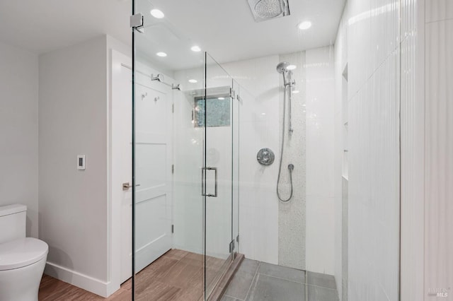 269 Corte Madera Ave, Mill Valley, CA 94941 - full bathroom featuring a stall shower, toilet, wood finished floors, and recessed lighting