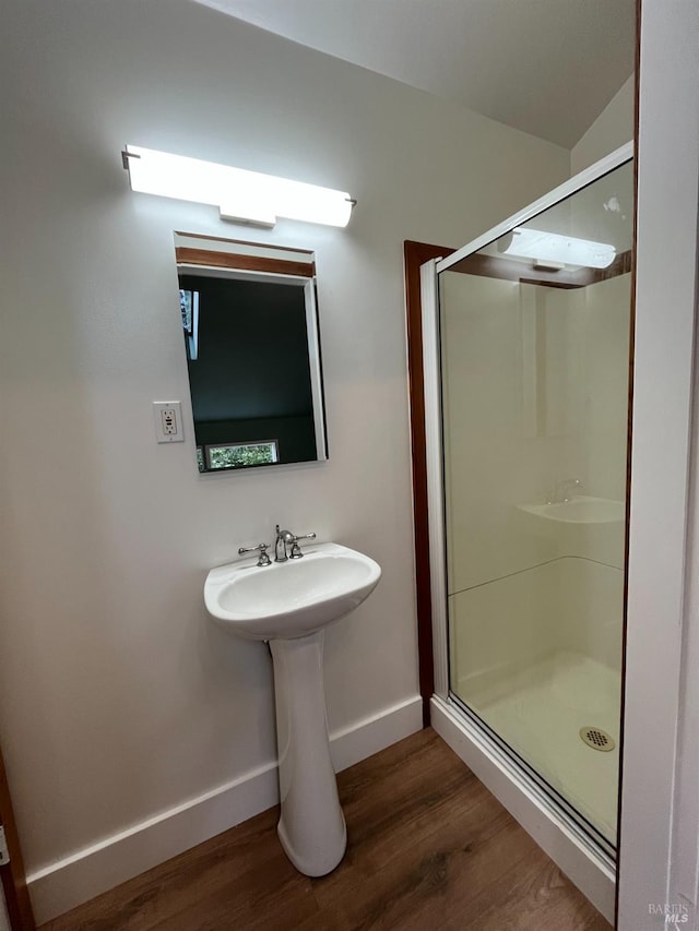 269 Corte Madera Ave, Mill Valley, CA 94941 - bathroom with baseboards, wood finished floors, and a shower stall