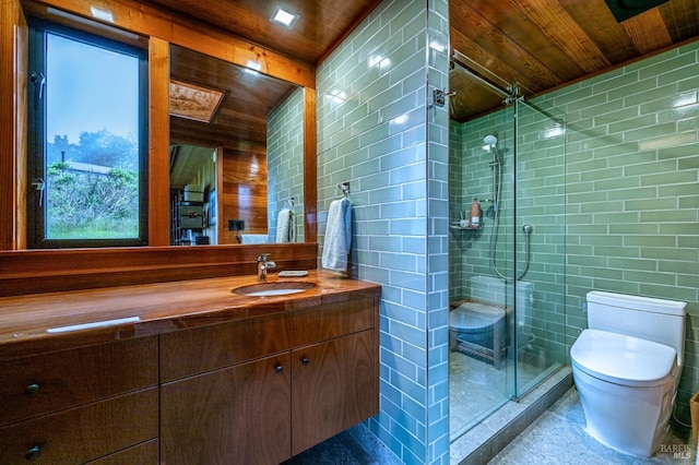 326 Conifer Close, The Sea Ranch, CA 95497 - full bath featuring tile walls, wood ceiling, toilet, a shower stall, and vanity