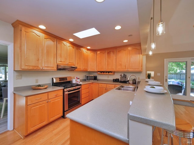 kitchen with appliances with stainless steel finishes, a peninsula, a sink, under cabinet range hood, and light wood-type flooring