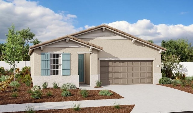ranch-style house featuring fence, stucco siding, an attached garage, driveway, and a tile roof