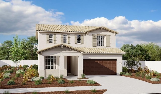 view of front of property featuring an attached garage, fence, a tile roof, and concrete driveway