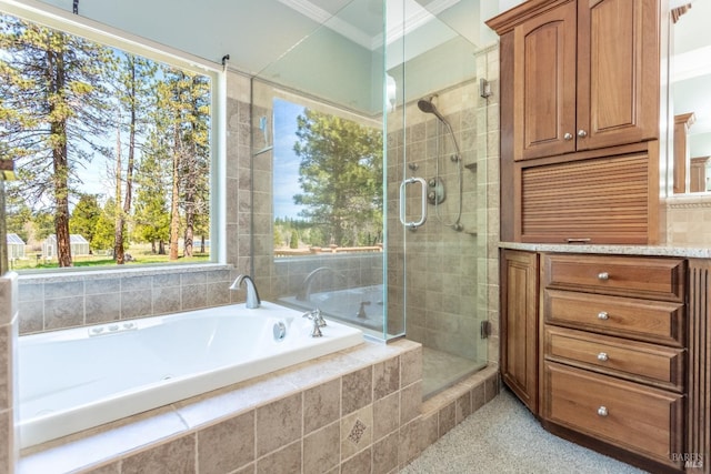 35600 Rock Creek Rd, Shingletown, CA 96088 - full bath featuring ornamental molding, a bath, and a stall shower