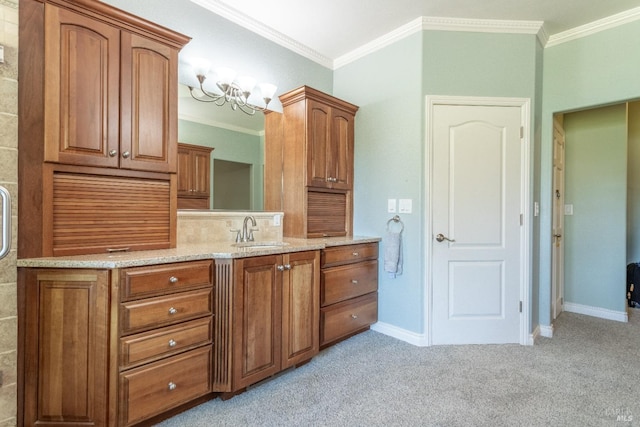 35600 Rock Creek Rd, Shingletown, CA 96088 - bathroom with carpet floors, decorative backsplash, a chandelier, and ornamental molding