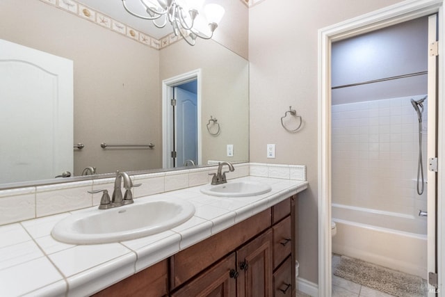 35600 Rock Creek Rd, Shingletown, CA 96088 - bathroom featuring double vanity, an inviting chandelier, a sink, and tile patterned flooring