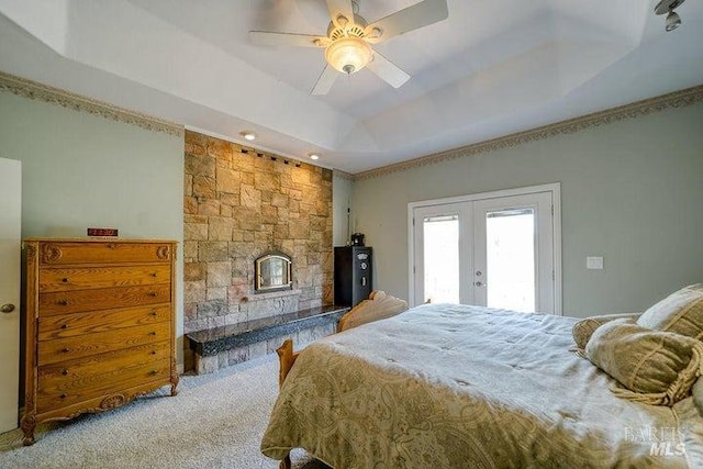 35600 Rock Creek Rd, Shingletown, CA 96088 - bedroom with a ceiling fan, french doors, access to outside, carpet, and a tray ceiling