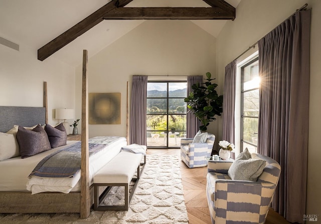 bedroom featuring beamed ceiling, visible vents, access to exterior, and high vaulted ceiling