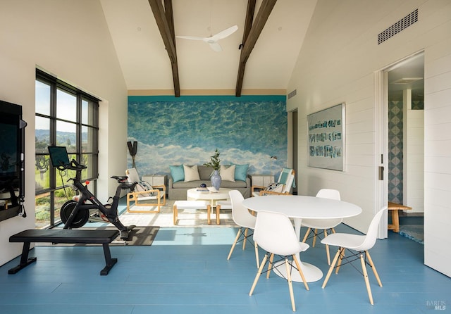 dining space with high vaulted ceiling, beam ceiling, and visible vents