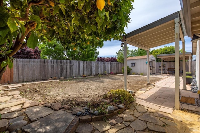 view of yard featuring a patio area, an outdoor structure, and a fenced backyard