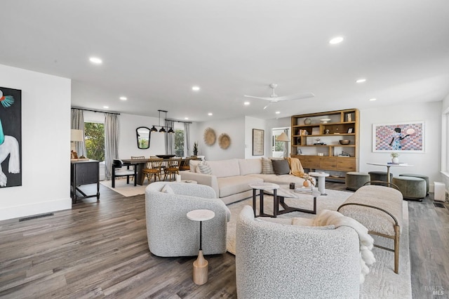 3314 Gravenstein Hwy S, Sebastopol, CA 95472 - living room with recessed lighting, wood finished floors, a ceiling fan, and baseboards