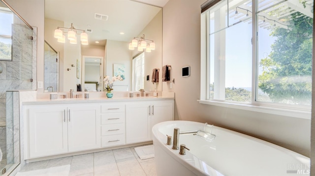 full bath with a marble finish shower, visible vents, a healthy amount of sunlight, and a sink