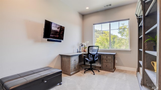 home office with recessed lighting, baseboards, visible vents, and light carpet