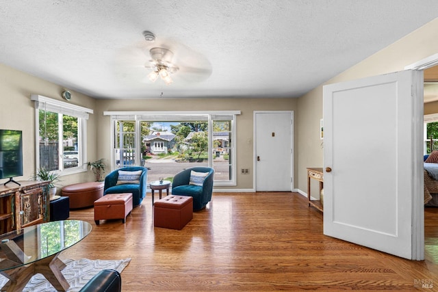 living area featuring a textured ceiling, wood finished floors, and a healthy amount of sunlight