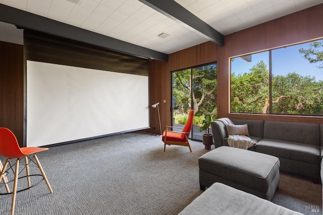 1499 Rockville Rd, Fairfield, CA 94534 - carpeted home theater featuring beamed ceiling and wooden walls