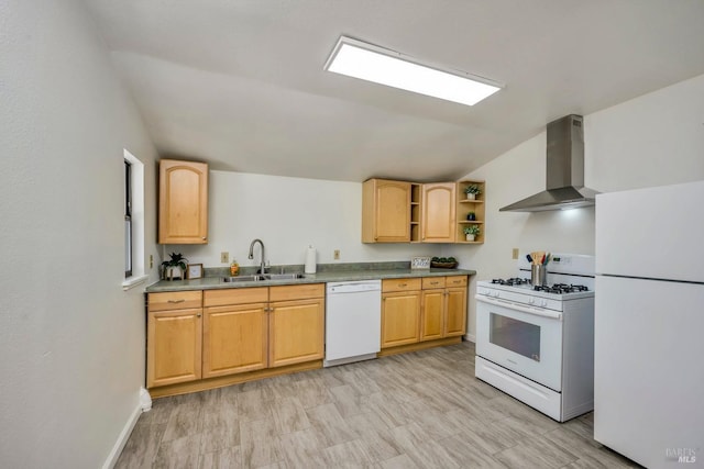 kitchen featuring wall chimney range hood, open shelves, vaulted ceiling, a sink, and white appliances