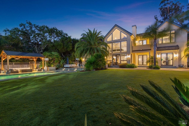 220 Deer Park Ave, San Rafael, CA 94901 - rear view of property featuring french doors, a gazebo, a yard, an outdoor pool, and a chimney